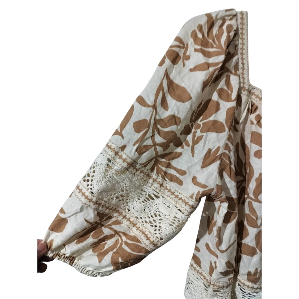 6057)Christian Siriano NY Linen Blend Peasant Boho Floral Tan  Crop Blouse Small - Picture 3 of 7
